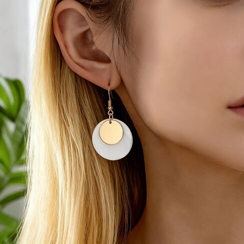 Natural Mother of Pearl Shell Earrings for Women,18K Gold Silver Plated Round Circle Dangle Earrings,Beach Wedding Bridal Jewelry Gift,White Bohemian Drop Earrings in Saudi Arabia