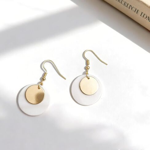 Natural Mother of Pearl Shell Earrings for Women,18K Gold Silver Plated Round Circle Dangle Earrings,Beach Wedding Bridal Jewelry Gift,White Bohemian Drop Earrings in Saudi Arabia