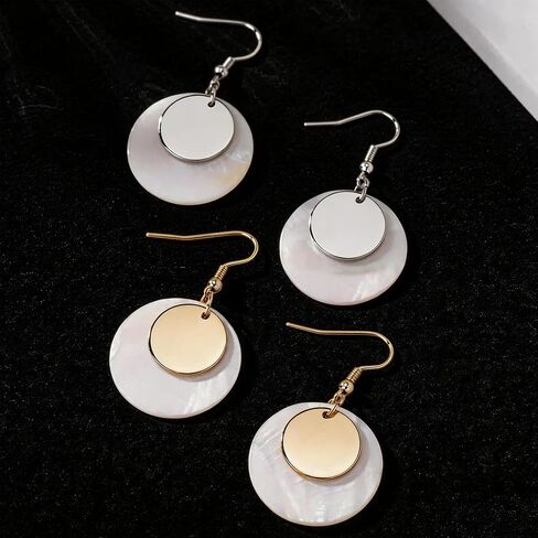 Natural Mother of Pearl Shell Earrings for Women,18K Gold Silver Plated Round Circle Dangle Earrings,Beach Wedding Bridal Jewelry Gift,White Bohemian Drop Earrings in Saudi Arabia