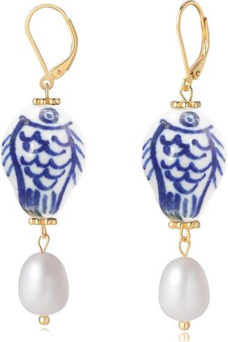Blue and White Porcelain Fish Earrings with Pearl Drop – 925 Sterling Silver 14K Gold Plated Dangle Earrings, Handmade Ceramic Jewelry, Gift for Women in Saudi Arabia