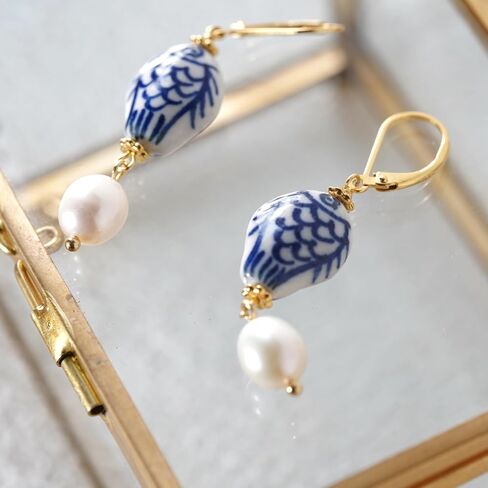 Blue and White Porcelain Fish Earrings with Pearl Drop – 925 Sterling Silver 14K Gold Plated Dangle Earrings, Handmade Ceramic Jewelry, Gift for Women in Saudi Arabia