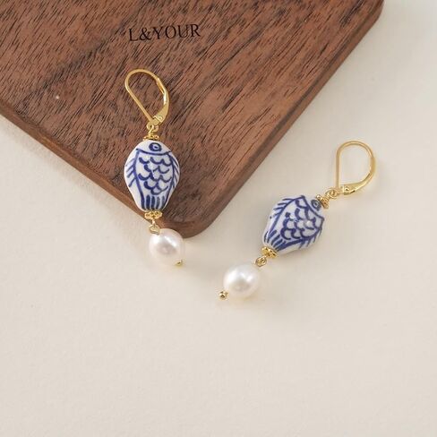 Blue and White Porcelain Fish Earrings with Pearl Drop – 925 Sterling Silver 14K Gold Plated Dangle Earrings, Handmade Ceramic Jewelry, Gift for Women in Saudi Arabia