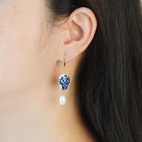 Blue and White Porcelain Fish Earrings with Pearl Drop – 925 Sterling Silver 14K Gold Plated Dangle Earrings, Handmade Ceramic Jewelry, Gift for Women in Saudi Arabia