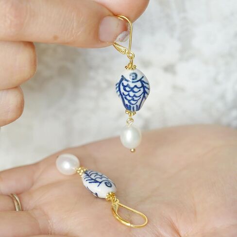 Blue and White Porcelain Fish Earrings with Pearl Drop – 925 Sterling Silver 14K Gold Plated Dangle Earrings, Handmade Ceramic Jewelry, Gift for Women in Saudi Arabia