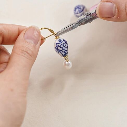 Blue and White Porcelain Fish Earrings with Pearl Drop – 925 Sterling Silver 14K Gold Plated Dangle Earrings, Handmade Ceramic Jewelry, Gift for Women in Saudi Arabia