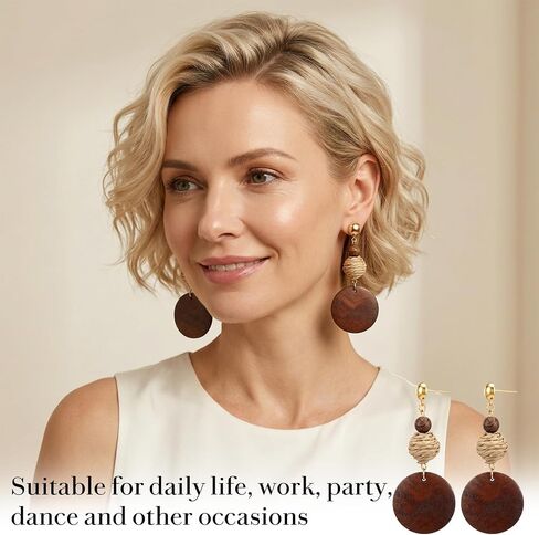 Ymapinc Wooden Earrings for Women, Vintage Brown Rattan Earrings, African Ethnic Boho Earrings, Dangle Drop Jewelry, Long Lightweight Statement Jewelry in Kuwait