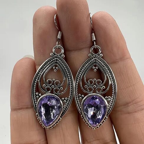 Gorgeous Drop Earrings for Women Vintage Hollow-out Pattern with Purple Cubic Zirconia Jewelry in Kuwait