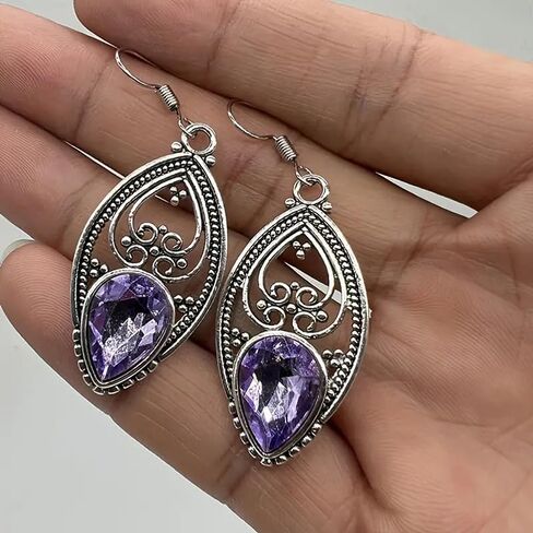Gorgeous Drop Earrings for Women Vintage Hollow-out Pattern with Purple Cubic Zirconia Jewelry in Kuwait