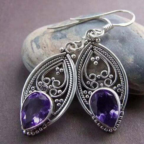 Gorgeous Drop Earrings for Women Vintage Hollow-out Pattern with Purple Cubic Zirconia Jewelry in Kuwait