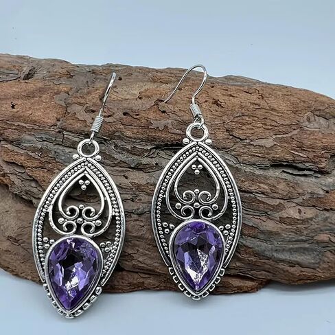 Gorgeous Drop Earrings for Women Vintage Hollow-out Pattern with Purple Cubic Zirconia Jewelry in Kuwait