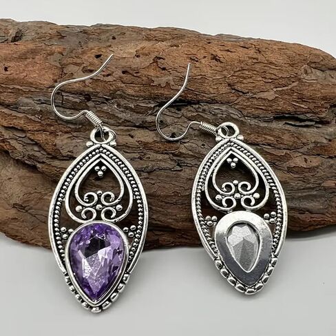 Gorgeous Drop Earrings for Women Vintage Hollow-out Pattern with Purple Cubic Zirconia Jewelry in Kuwait