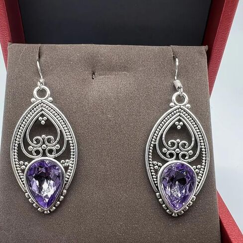 Gorgeous Drop Earrings for Women Vintage Hollow-out Pattern with Purple Cubic Zirconia Jewelry in Kuwait