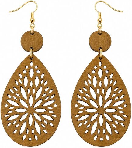 Boho wooden earrings for women Hollow Cut-Out Wooden Dangle Earrings Lightweight Geometric Teardrop Round Statement Jewelry Gift in Saudi Arabia