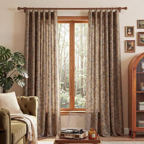 ryb home ستائر الأزهار خمر 84 بوصة طويلة، الكتان المخلوطة ضوء تصفية الخصوصية الستائر المطبوعة لغرفة النوم غرفة المعيشة ديكور الحضانة، الكاكي، 52w × 84l، 2 لوحات in Kuwait