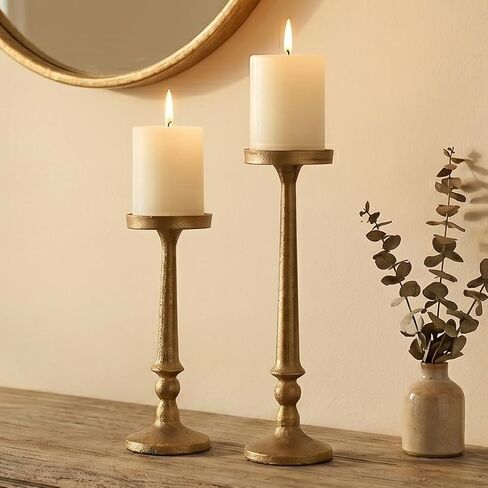 BANOMII Vintage Iron Pillar Candle Holders Set of 2 12.2" & 10" Tall Candleholders - Rustic Brass Gold Candle Stands - Dining Table Centerpieces - Christmas Fireplace Mantel Decor in Saudi Arabia
