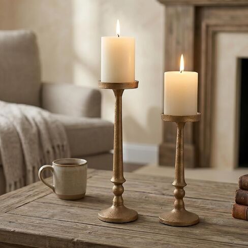 BANOMII Vintage Iron Pillar Candle Holders Set of 2 12.2" & 10" Tall Candleholders - Rustic Brass Gold Candle Stands - Dining Table Centerpieces - Christmas Fireplace Mantel Decor in Saudi Arabia