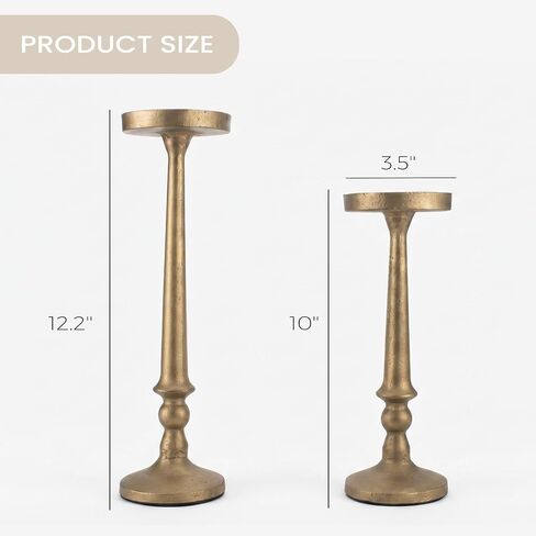 BANOMII Vintage Iron Pillar Candle Holders Set of 2 12.2" & 10" Tall Candleholders - Rustic Brass Gold Candle Stands - Dining Table Centerpieces - Christmas Fireplace Mantel Decor in Saudi Arabia