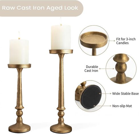 BANOMII Vintage Iron Pillar Candle Holders Set of 2 12.2" & 10" Tall Candleholders - Rustic Brass Gold Candle Stands - Dining Table Centerpieces - Christmas Fireplace Mantel Decor in Saudi Arabia