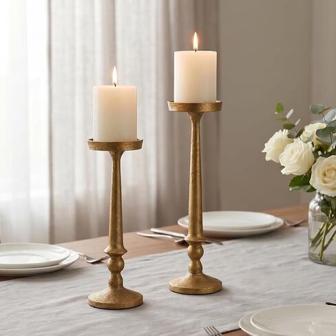 BANOMII Vintage Iron Pillar Candle Holders Set of 2 12.2" & 10" Tall Candleholders - Rustic Brass Gold Candle Stands - Dining Table Centerpieces - Christmas Fireplace Mantel Decor in Saudi Arabia