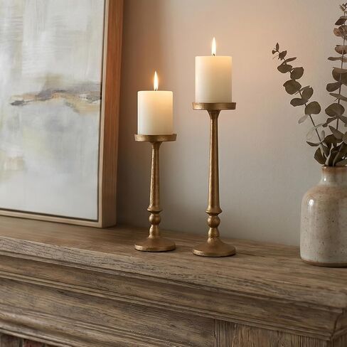 BANOMII Vintage Iron Pillar Candle Holders Set of 2 12.2" & 10" Tall Candleholders - Rustic Brass Gold Candle Stands - Dining Table Centerpieces - Christmas Fireplace Mantel Decor in Saudi Arabia