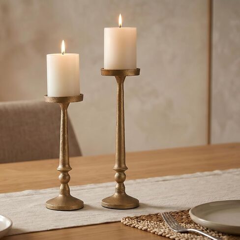BANOMII Vintage Iron Pillar Candle Holders Set of 2 12.2" & 10" Tall Candleholders - Rustic Brass Gold Candle Stands - Dining Table Centerpieces - Christmas Fireplace Mantel Decor in Saudi Arabia