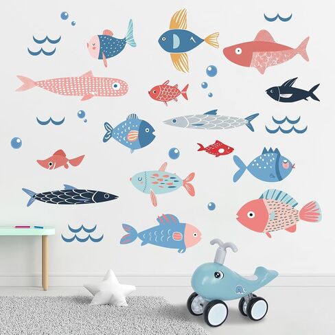 Mfault Under The Sea Fish Wall Decals Stickers, Coastal Ocean Creature Marine Nursery Decorations Baby Bedroom Art, Nautical Beach Wave Toddler Kids Room School Classroom Playroom Decor in Kuwait