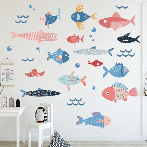 Mfault Under The Sea Fish Wall Decals Stickers, Coastal Ocean Creature Marine Nursery Decorations Baby Bedroom Art, Nautical Beach Wave Toddler Kids Room School Classroom Playroom Decor in Kuwait