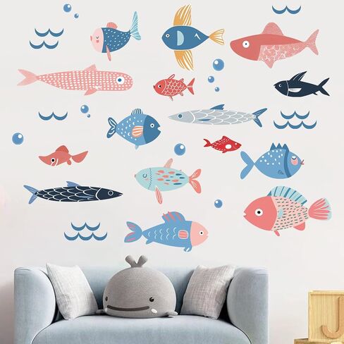 Mfault Under The Sea Fish Wall Decals Stickers, Coastal Ocean Creature Marine Nursery Decorations Baby Bedroom Art, Nautical Beach Wave Toddler Kids Room School Classroom Playroom Decor in Kuwait