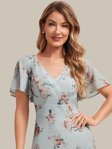 Ever-Pretty Women's V-Neck Short Sleeves Bridesmaid Dress Chiffon Asymmetrical Hem Formal Wedding Guest Dresses 02758 in Kuwait