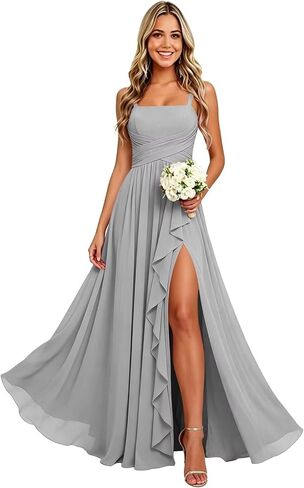 Square Neck Long Bridesmaid Dresses for Women Spaghetti Straps Ruched Ruffle Chiffon Formal Evening Gown with Slit in Saudi Arabia