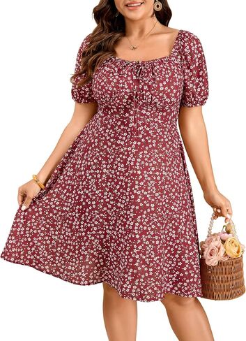 SCOMCHIC Women Plus Size Floral Mini Dress Short Sleeve Milkmaid Dress Square Neck Tie Front A Line Summer Short Dresses in Kuwait