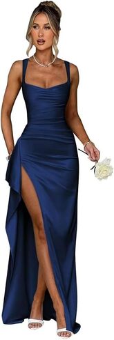 Women's Satin Prom Dresses Spaghetti Straps Bridesmaid Dress Mermaid Formal Evening Gowns with Slit in Kuwait