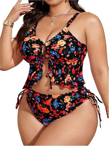 RoseSeek Women's Plus Size 2 Piece Swimsuits Ditsy Floral Ruffle Bathing Suit Drawstring Tie Front Tankini Sets in Kuwait