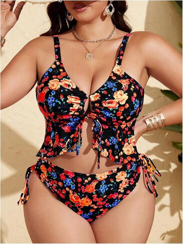 RoseSeek Women's Plus Size 2 Piece Swimsuits Ditsy Floral Ruffle Bathing Suit Drawstring Tie Front Tankini Sets in Kuwait