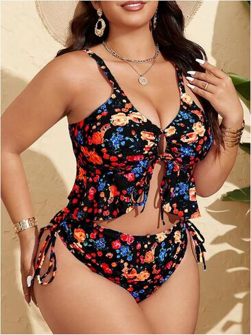 RoseSeek Women's Plus Size 2 Piece Swimsuits Ditsy Floral Ruffle Bathing Suit Drawstring Tie Front Tankini Sets in Kuwait