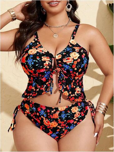 RoseSeek Women's Plus Size 2 Piece Swimsuits Ditsy Floral Ruffle Bathing Suit Drawstring Tie Front Tankini Sets in Kuwait