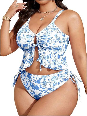 RoseSeek Women's Plus Size 2 Piece Swimsuits Ditsy Floral Ruffle Bathing Suit Drawstring Tie Front Tankini Sets in Kuwait