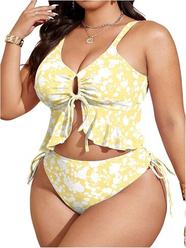 RoseSeek Women's Plus Size 2 Piece Swimsuits Ditsy Floral Ruffle Bathing Suit Drawstring Tie Front Tankini Sets in Kuwait