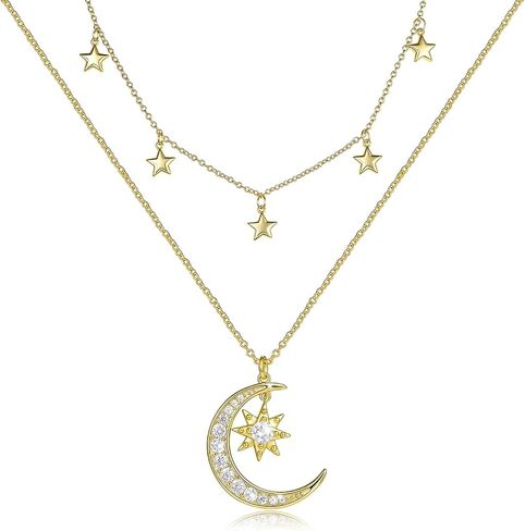 14K Gold Crescent Moon Star Layered Dianmond Necklace Gifts For Women,Dainty Jewelry Pendant,Mothers Day Anniversary Birthday Gifts for Women Mom Wife,18+2 Chain in Saudi Arabia
