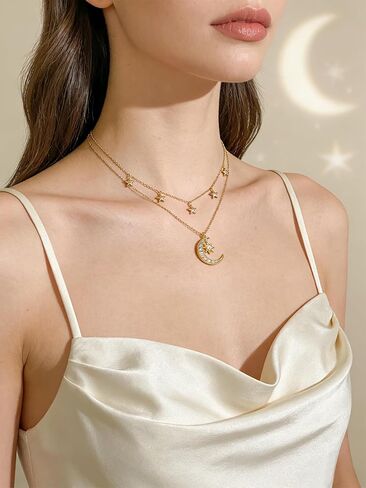 14K Gold Crescent Moon Star Layered Dianmond Necklace Gifts For Women,Dainty Jewelry Pendant,Mothers Day Anniversary Birthday Gifts for Women Mom Wife,18+2 Chain in Saudi Arabia