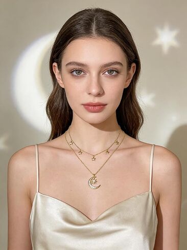 14K Gold Crescent Moon Star Layered Dianmond Necklace Gifts For Women,Dainty Jewelry Pendant,Mothers Day Anniversary Birthday Gifts for Women Mom Wife,18+2 Chain in Saudi Arabia
