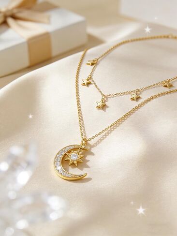14K Gold Crescent Moon Star Layered Dianmond Necklace Gifts For Women,Dainty Jewelry Pendant,Mothers Day Anniversary Birthday Gifts for Women Mom Wife,18+2 Chain in Saudi Arabia