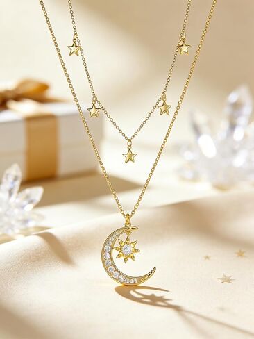 14K Gold Crescent Moon Star Layered Dianmond Necklace Gifts For Women,Dainty Jewelry Pendant,Mothers Day Anniversary Birthday Gifts for Women Mom Wife,18+2 Chain in Saudi Arabia