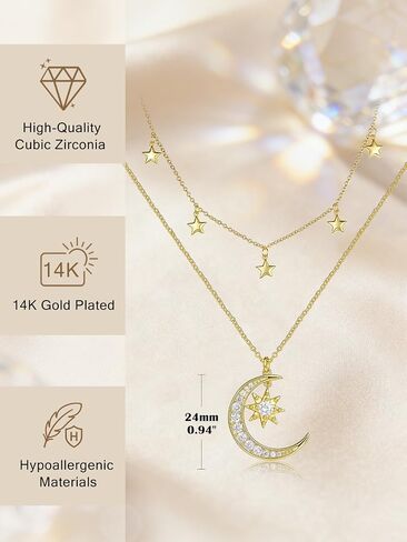 14K Gold Crescent Moon Star Layered Dianmond Necklace Gifts For Women,Dainty Jewelry Pendant,Mothers Day Anniversary Birthday Gifts for Women Mom Wife,18+2 Chain in Saudi Arabia