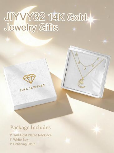14K Gold Crescent Moon Star Layered Dianmond Necklace Gifts For Women,Dainty Jewelry Pendant,Mothers Day Anniversary Birthday Gifts for Women Mom Wife,18+2 Chain in Saudi Arabia