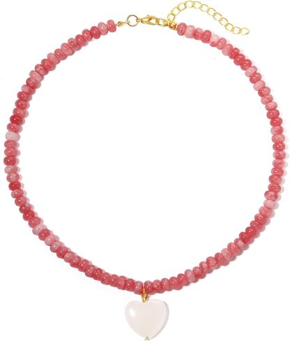 Rhodonite Beaded Necklace for Women with Rose Quart Heart, Natural Stone Bohemian Surfer Beads Necklace, Gemstone Beach Jewelry for Women in Saudi Arabia