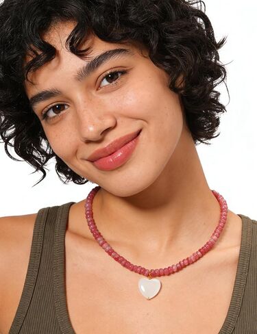 Rhodonite Beaded Necklace for Women with Rose Quart Heart, Natural Stone Bohemian Surfer Beads Necklace, Gemstone Beach Jewelry for Women in Saudi Arabia
