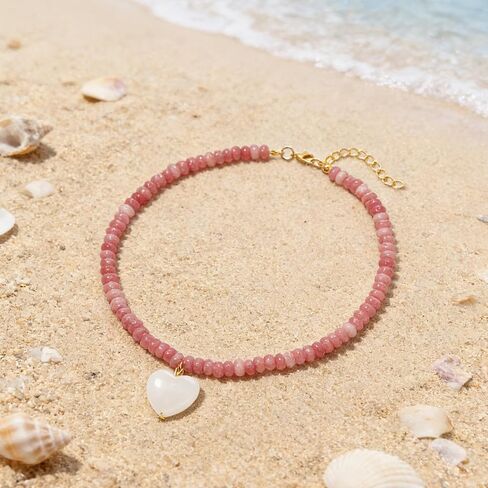 Rhodonite Beaded Necklace for Women with Rose Quart Heart, Natural Stone Bohemian Surfer Beads Necklace, Gemstone Beach Jewelry for Women in Saudi Arabia