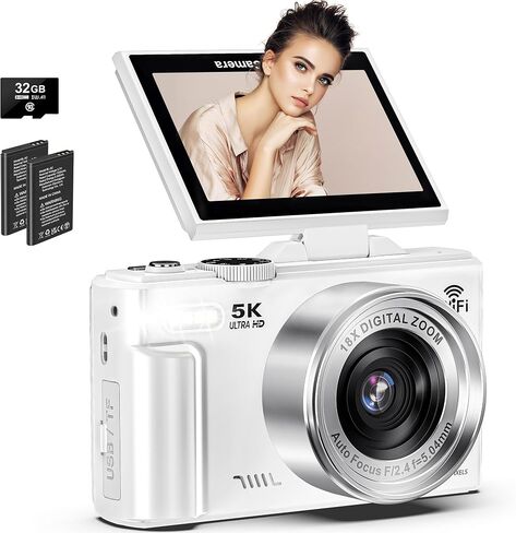 5K Digital Camera for Photography, 75MP WiFi Vlogging Camera for YouTube with 3" 180° Flip Screen, 18X Zoom UHD Autofocus Video Camara with 32GB SD Card, 2 Batteries in Kuwait