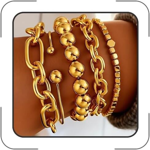 Chunky Gold Bangle Bracelets for Women Stackable Beaded Bangle Bracelet Set Cuban Link Chains Bracelet Dainty Gold Bangle Cuff Bracelets Fashion Jewelry Gifts for Women in Kuwait